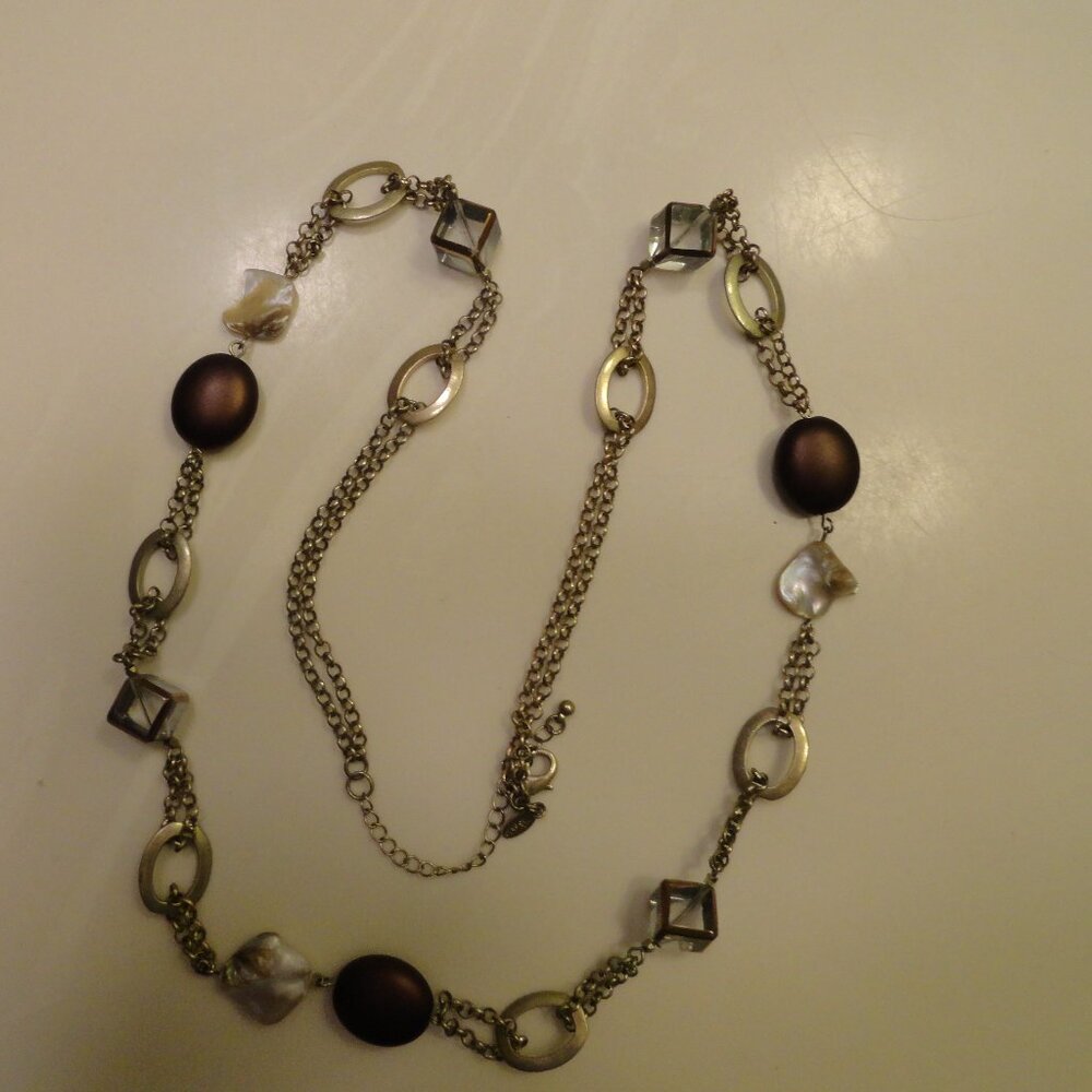 Lia Sophia Looking Glass necklace MOP Glass Resin Beads brown gold 36-39" long